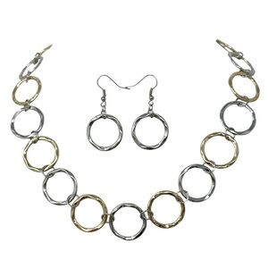 Simple Gold & Silver Tone Mixed Metals 2-Tone Hammered Rings Necklace